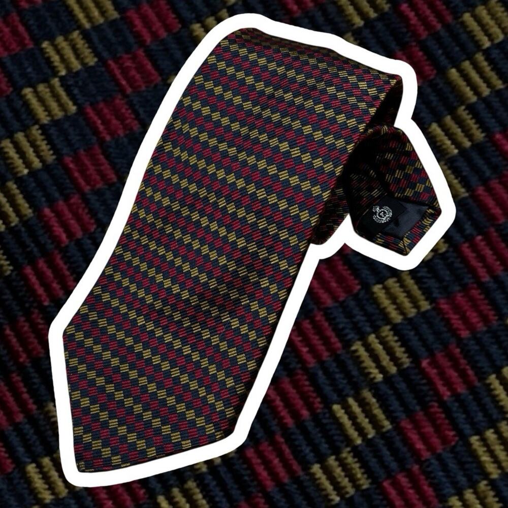 Faconnable Necktie Red Yellow Navy Blue‎ Geometric Silk Hand Made in France Tie